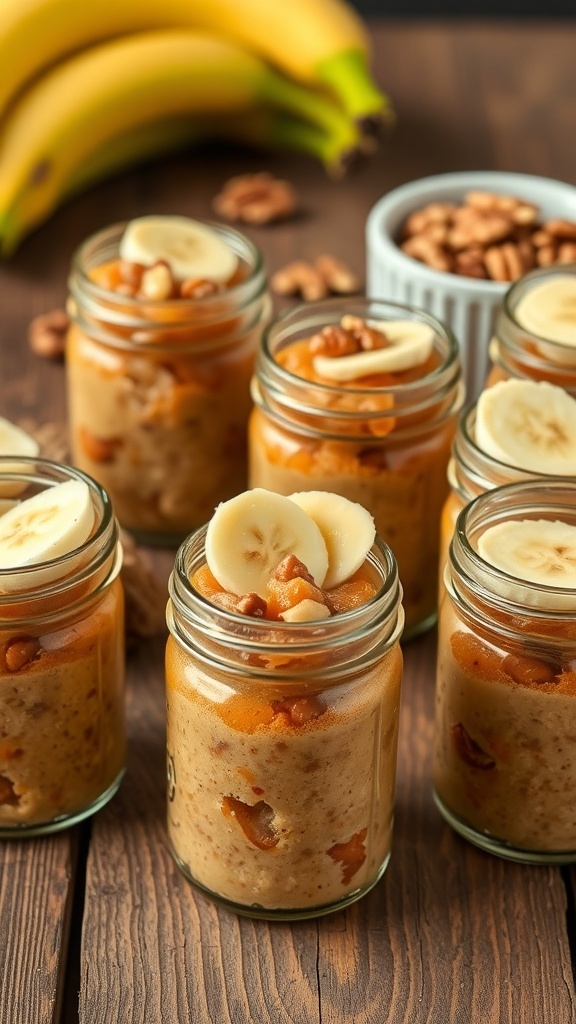Glass jars filled with banana bread, topped with banana slices and nuts, on a wooden table.
